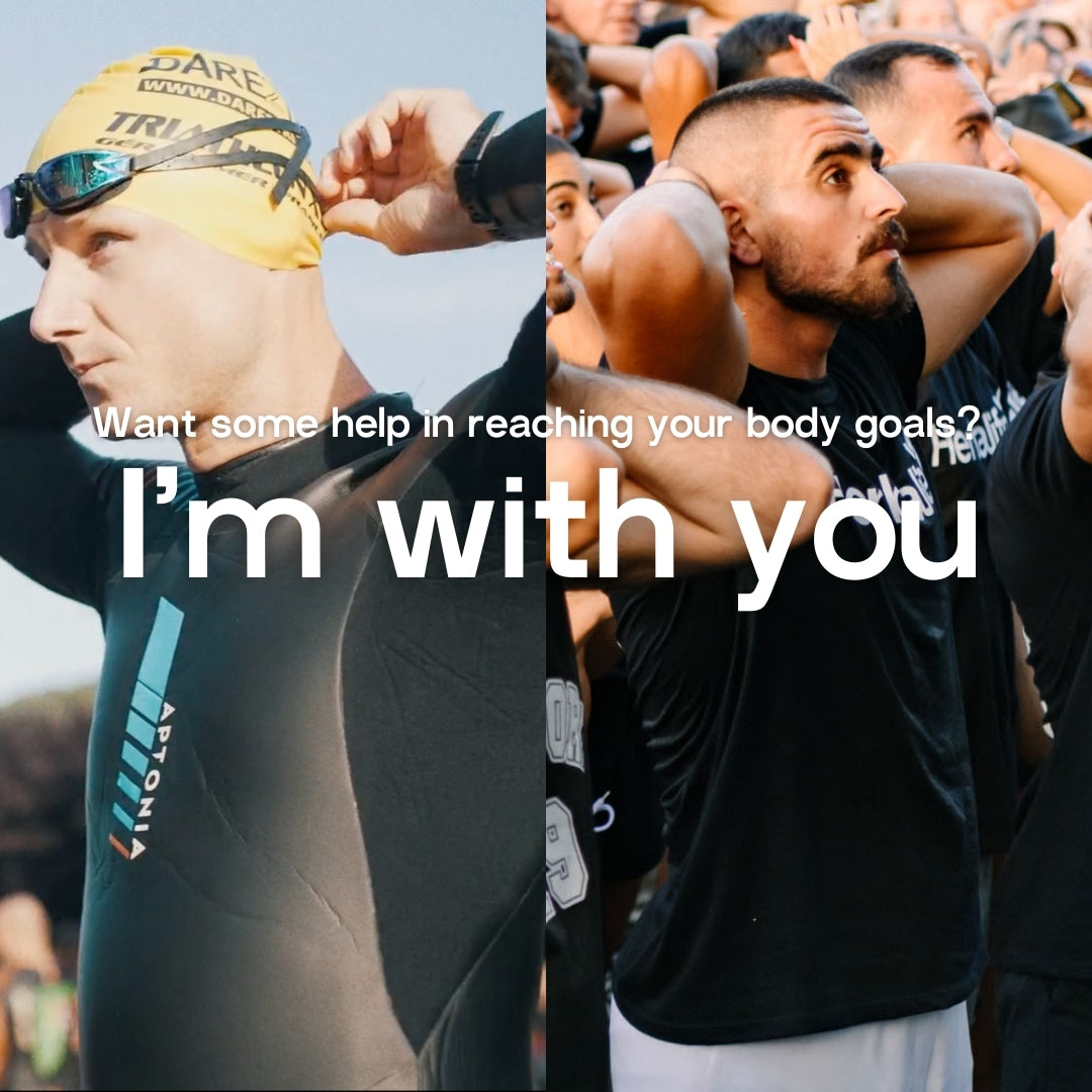 Two images: one of a swimmer with a cap and goggles, the other of a group of people exercising, with text overlay.