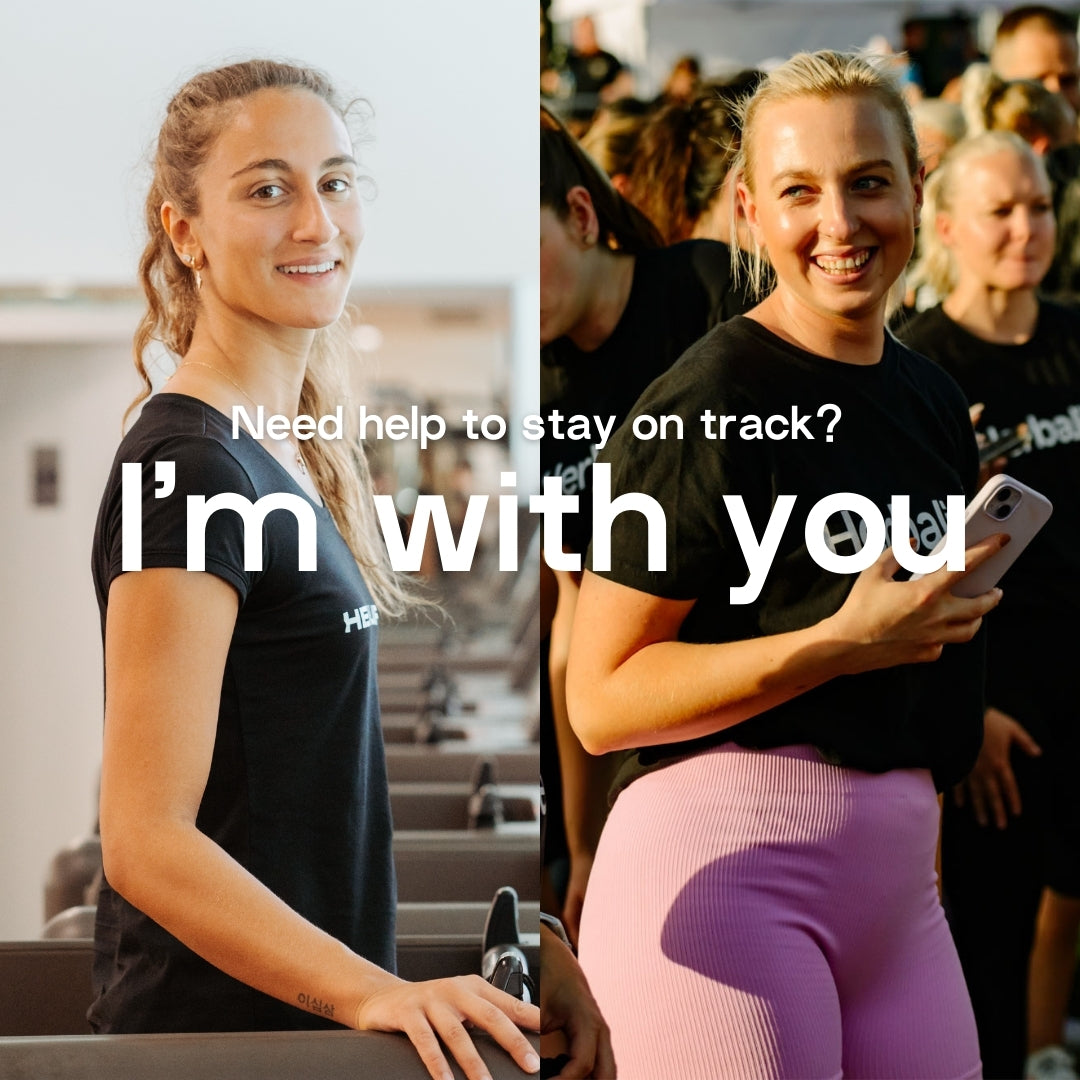 Two women, one with a black shirt and the other with a black shirt and pink leggings, standing together with text overlay.