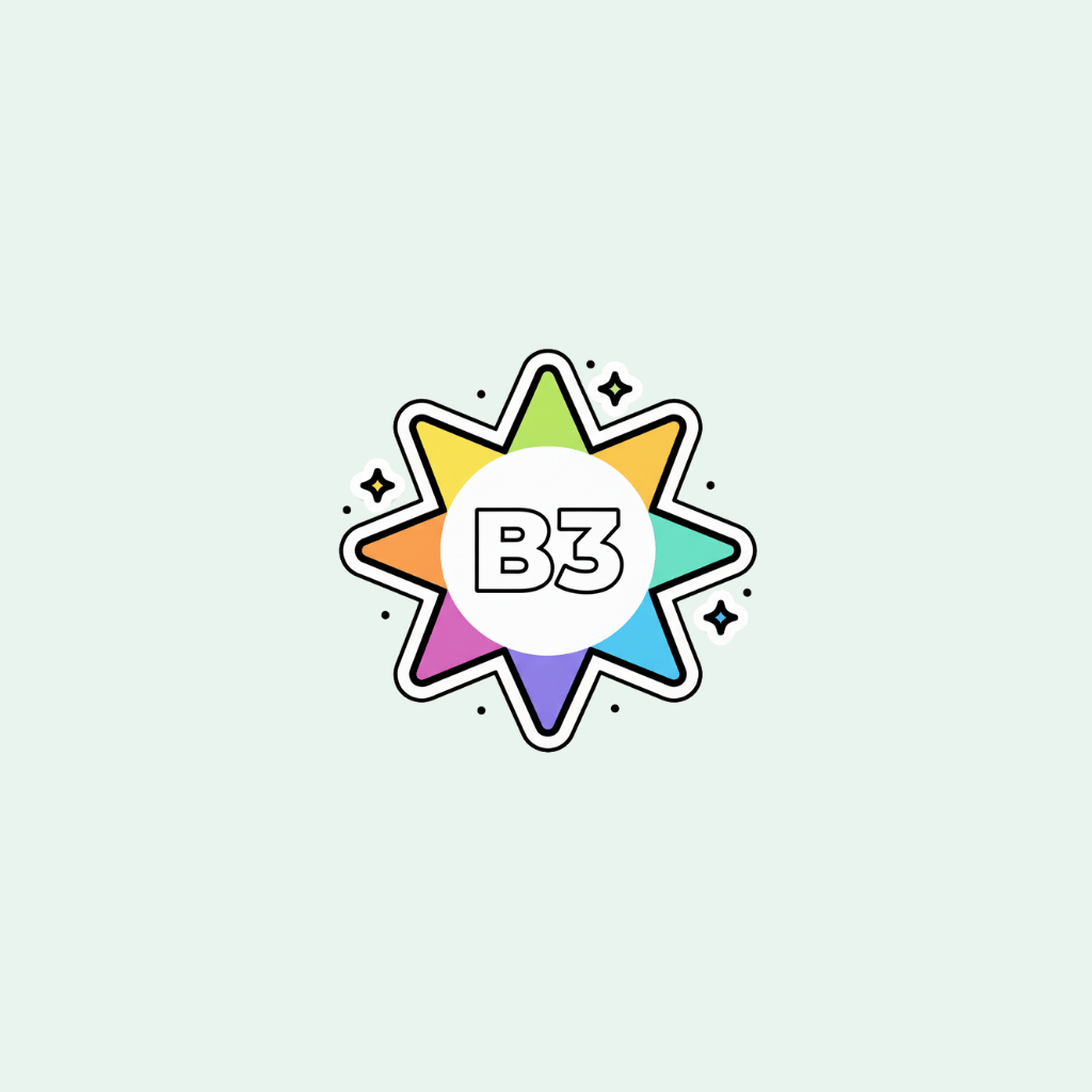 Colorful star-shaped logo with 'B3' in the center on a light gray background