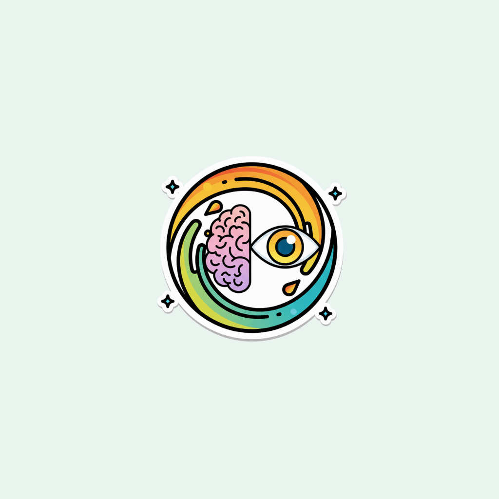 Circular design with eye, brain, and rainbow on a light gray background