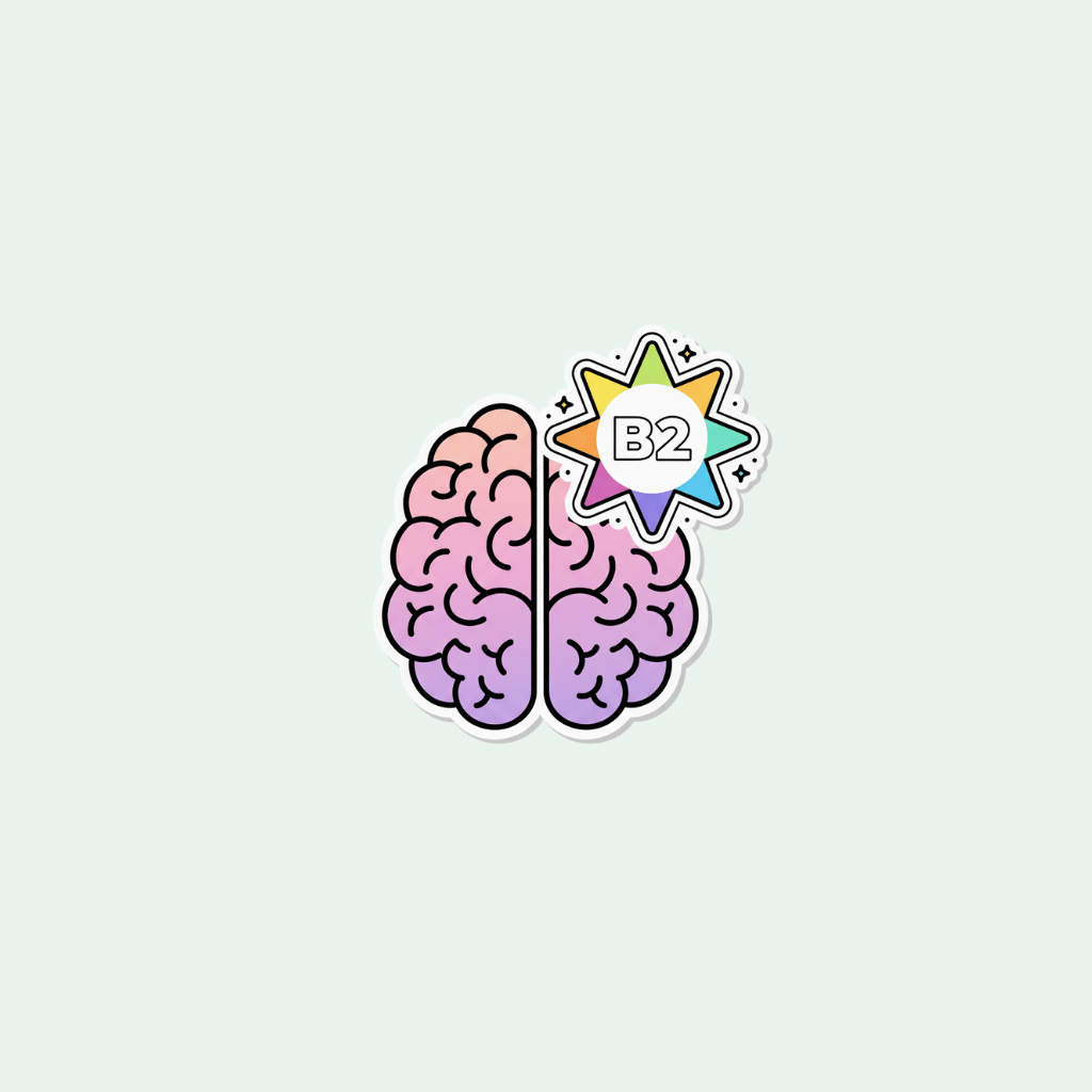 Illustration of a brain with a colorful 'B2' logo on a light gray background