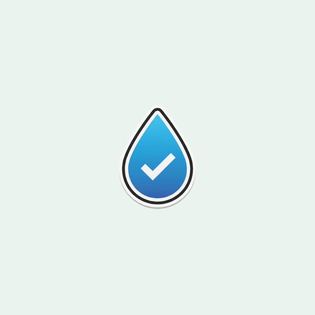 Blue water droplet icon with a white check mark on a light gray background
