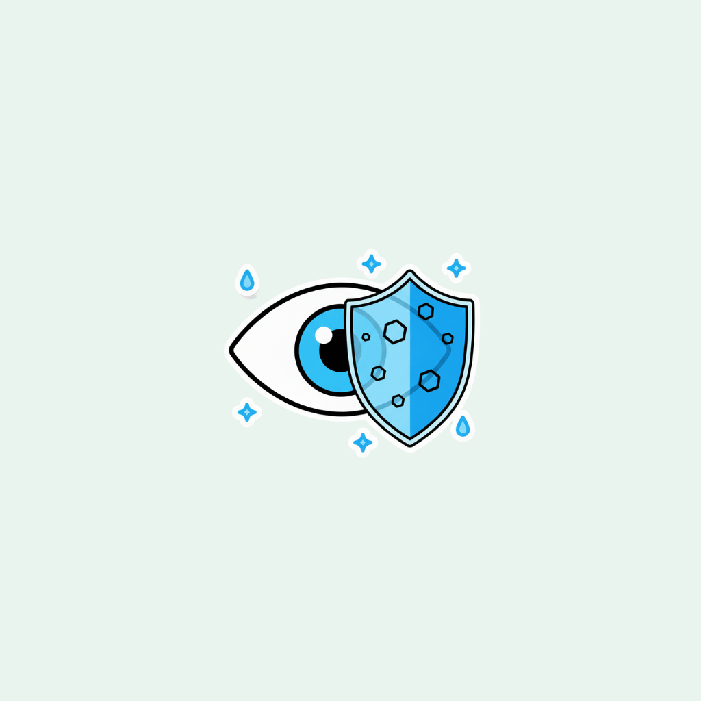 Illustration of an eye with a shield over it on a light blue background