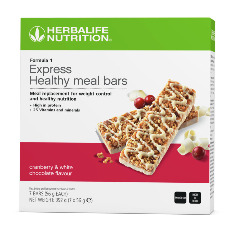 Herbalife Nutrition Express Healthy Meal Bars packaging with cranberry and white chocolate flavor.