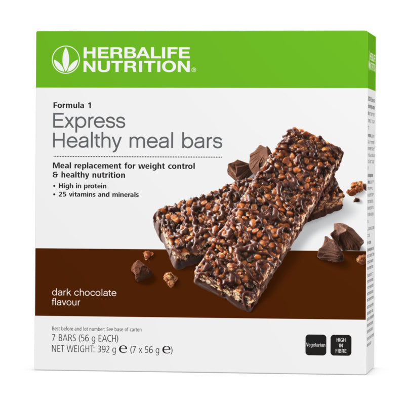 Herbalife Nutrition Express Healthy Meal Bars packaging with a dark chocolate flavor on a white background.