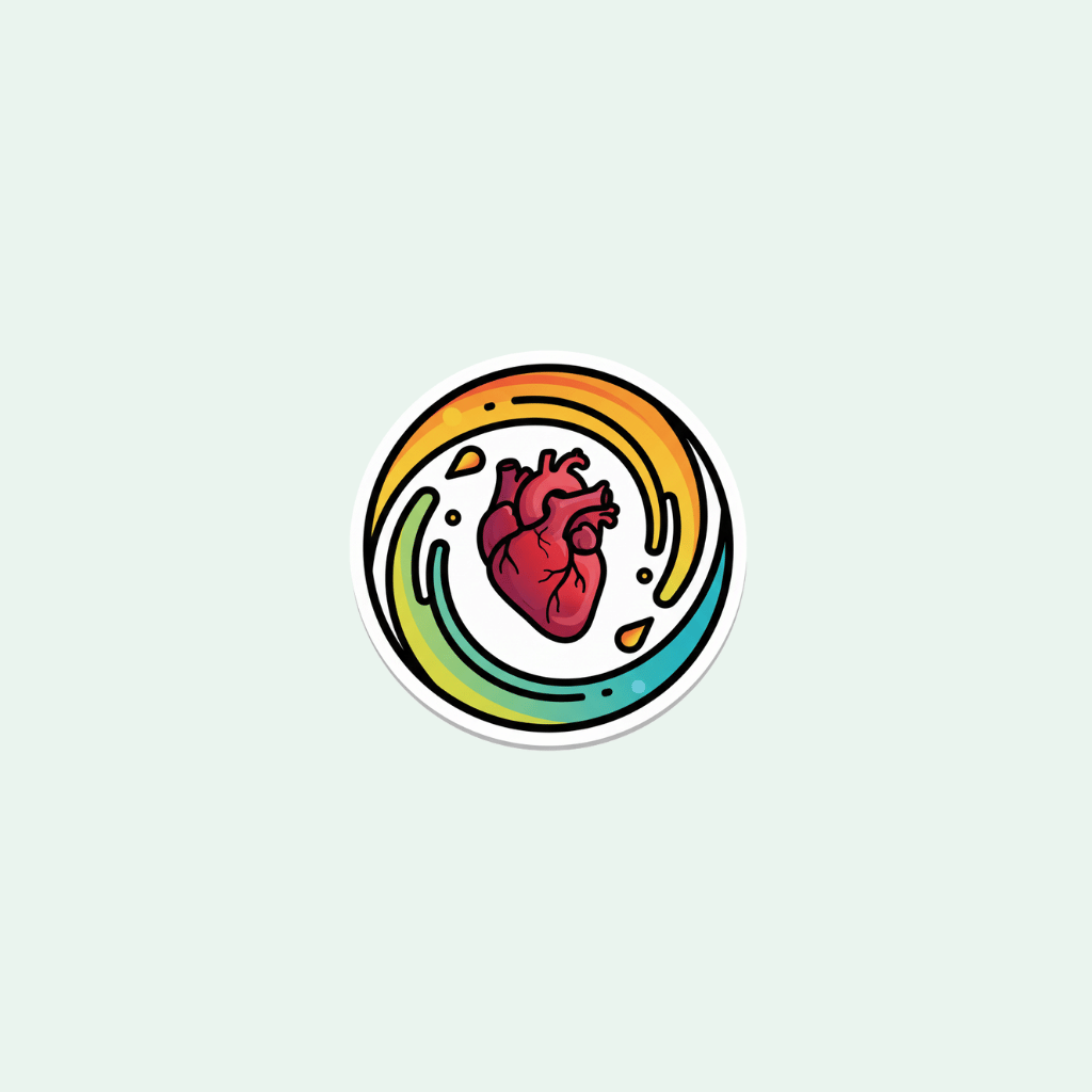 Circular sticker with a red heart design on a light gray background