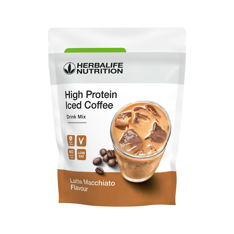 Herbalife Nutrition High Protein Iced Coffee Drink Mix package on a white background