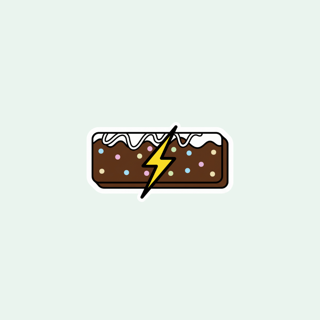 Illustration of a chocolate bar with polka dots and a lightning bolt on a light gray background