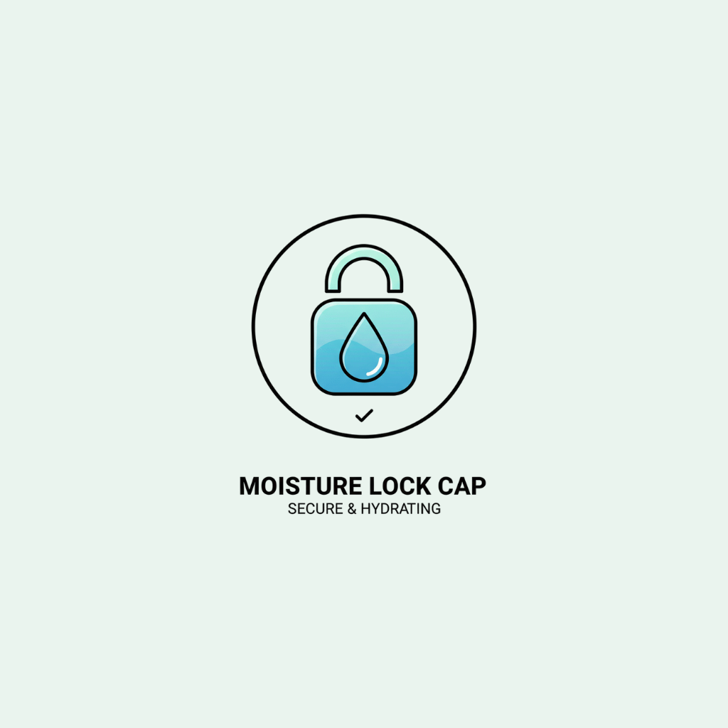 Logo of a moisture lock cap with a water droplet icon on a light gray background.