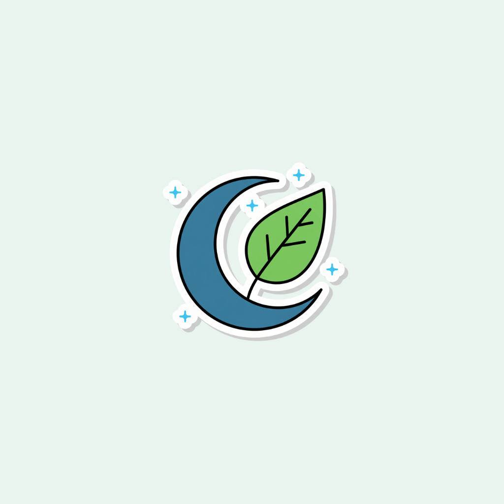Sticker with a blue crescent moon and green leaf on a light gray background