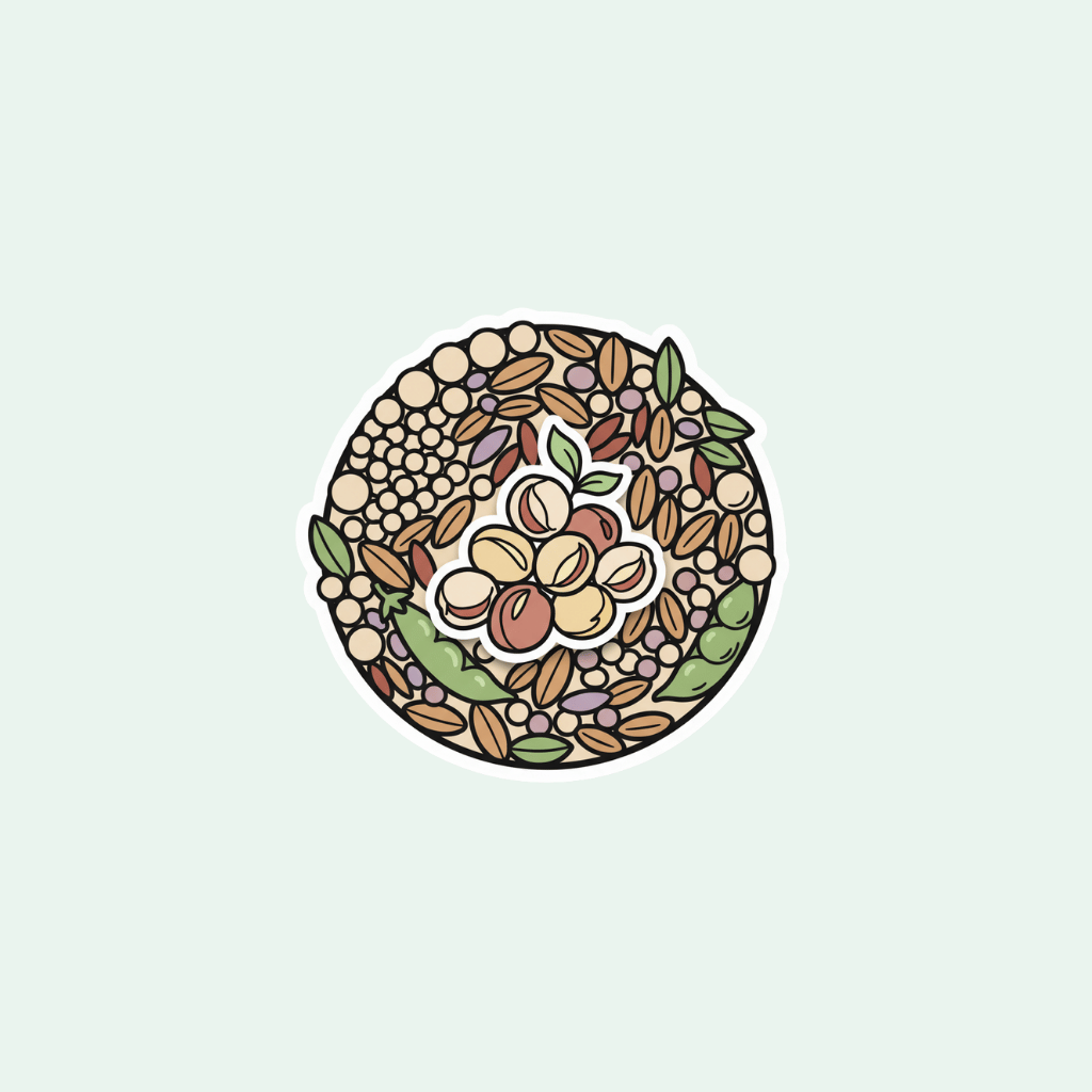 Circular design with various seeds and nuts on a light gray background