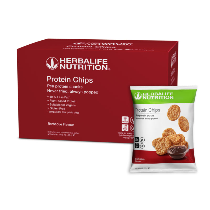 Herbalife Nutrition Protein Chips packaging with red box and white bag on a white background