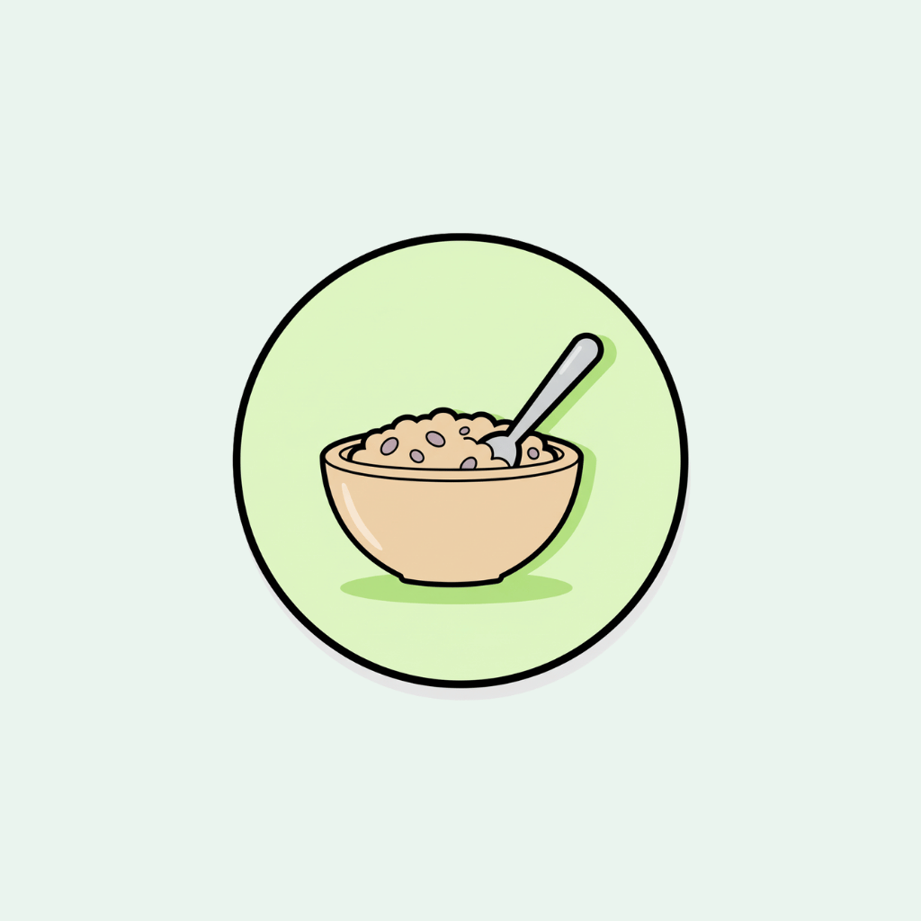 Illustration of a bowl with cereal and a spoon on a light green circle