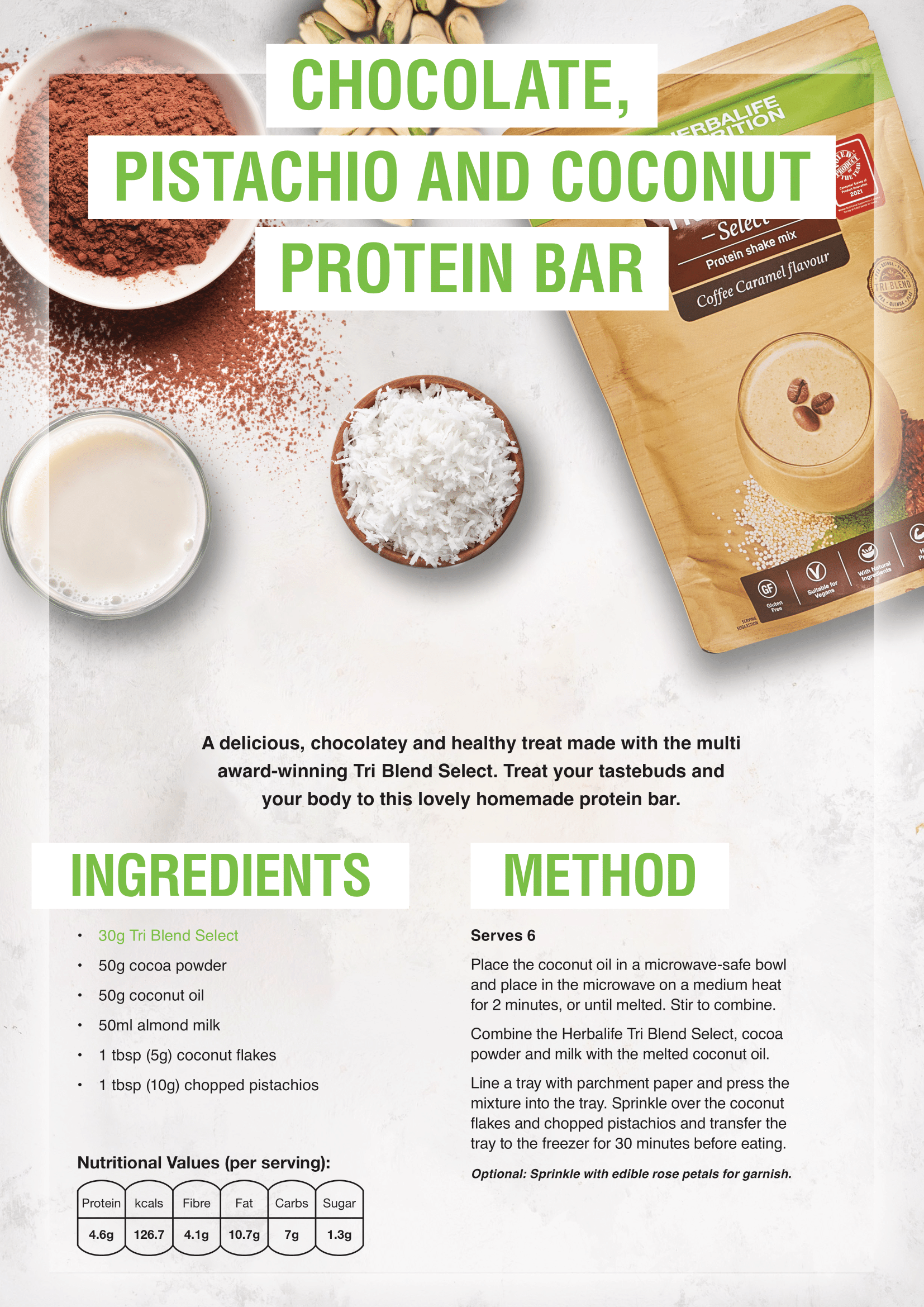 Chocolate, pistachio, and coconut protein bar packaging with ingredients and preparation details.