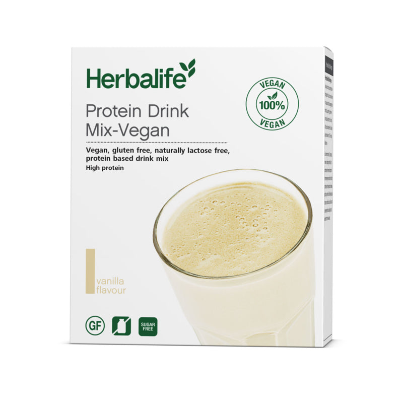 Herbalife Vegan Protein Drink Mix packaging with a glass of drink on a white background
