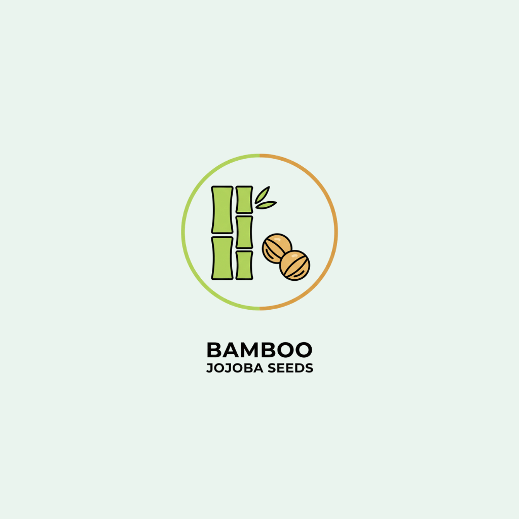 Logo with bamboo and jojoba seeds on a light green background