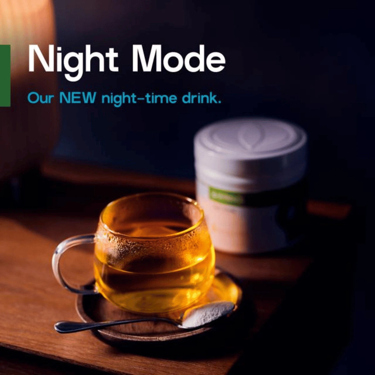Glass of amber-colored drink on a wooden surface with 'Night Mode' text and product container.
