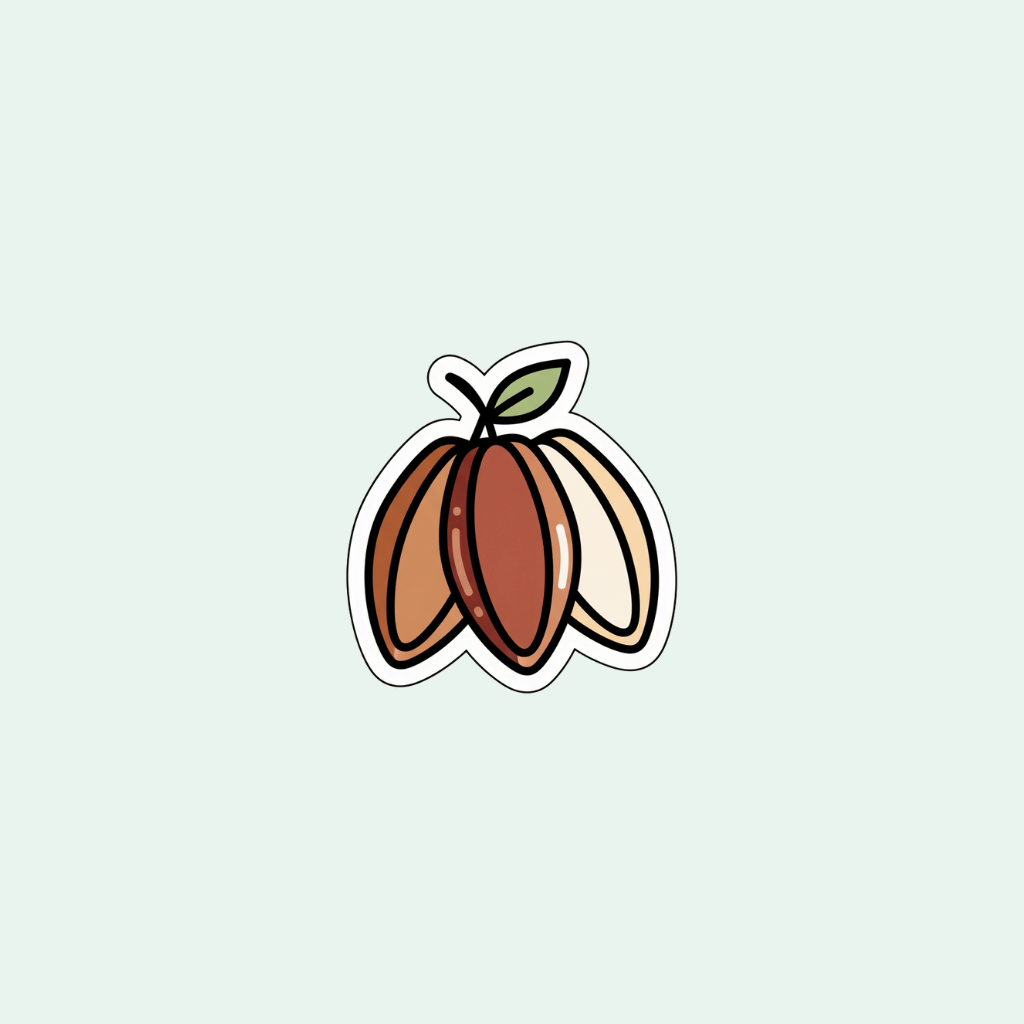 Sticker of a stylized cacao beans on a light gray background