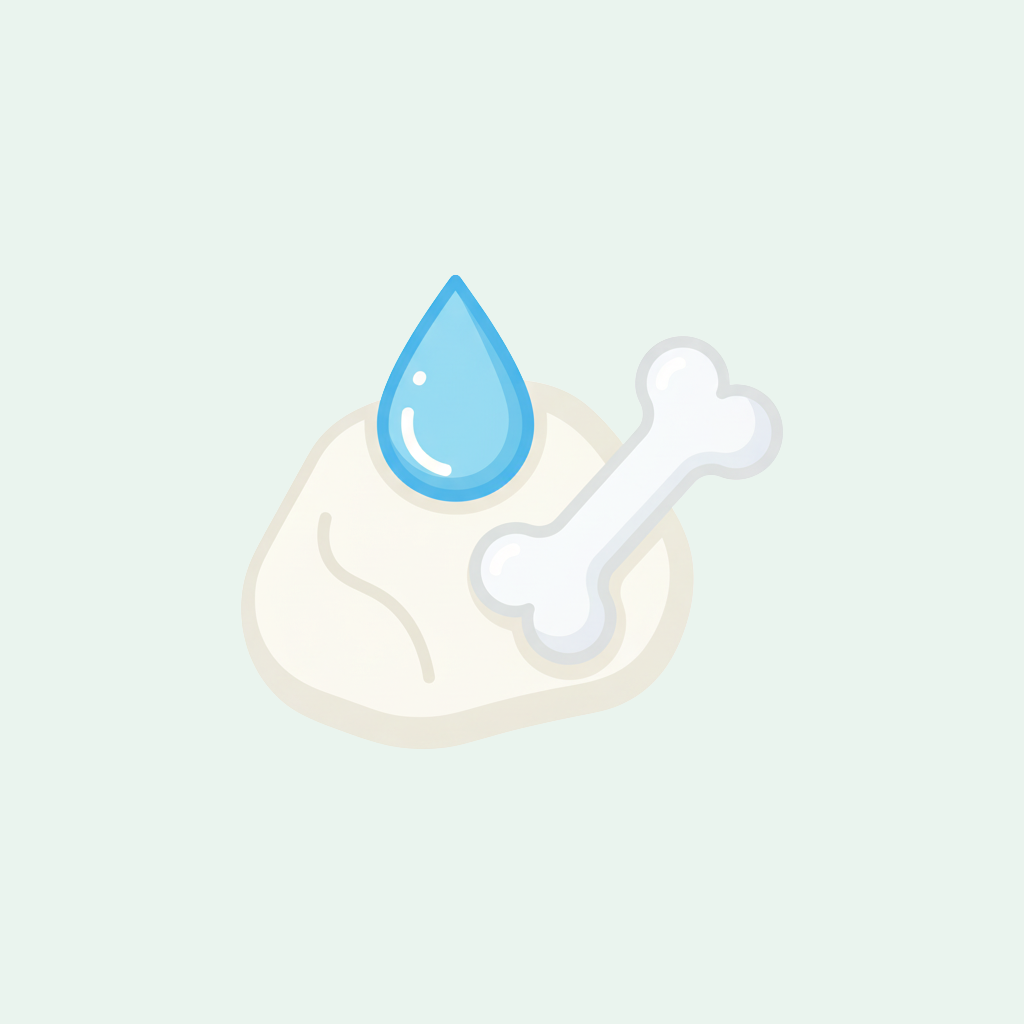 Icon of a bone, paw print, and water droplet on a light blue background