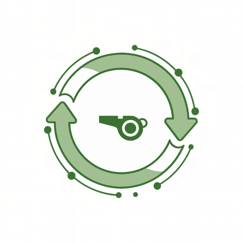 Green icon of a whistle within a circular arrow design on a white background