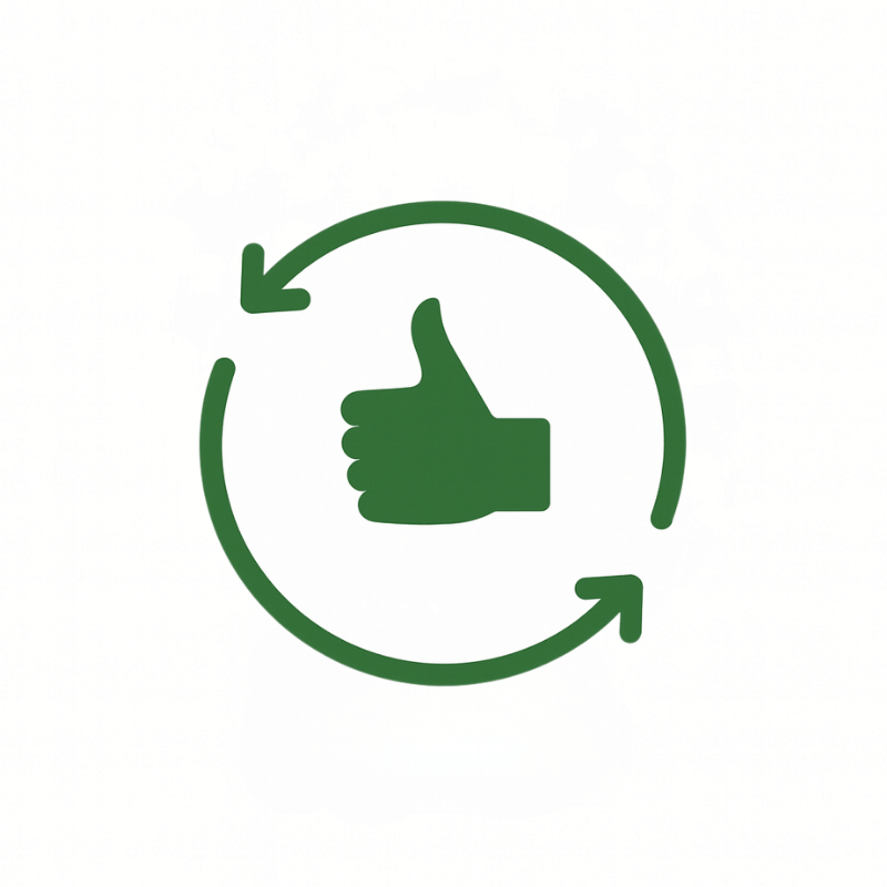 Green icon of a hand giving a thumbs up with a circular arrow, symbolizing recycling or sustainability.