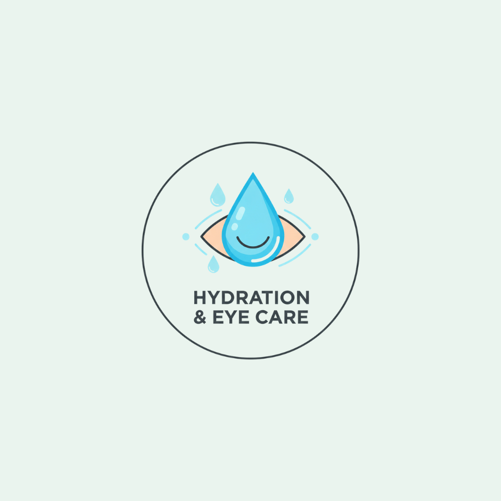 Logo for hydration and eye care with a blue droplet and eye icon on a light gray background.