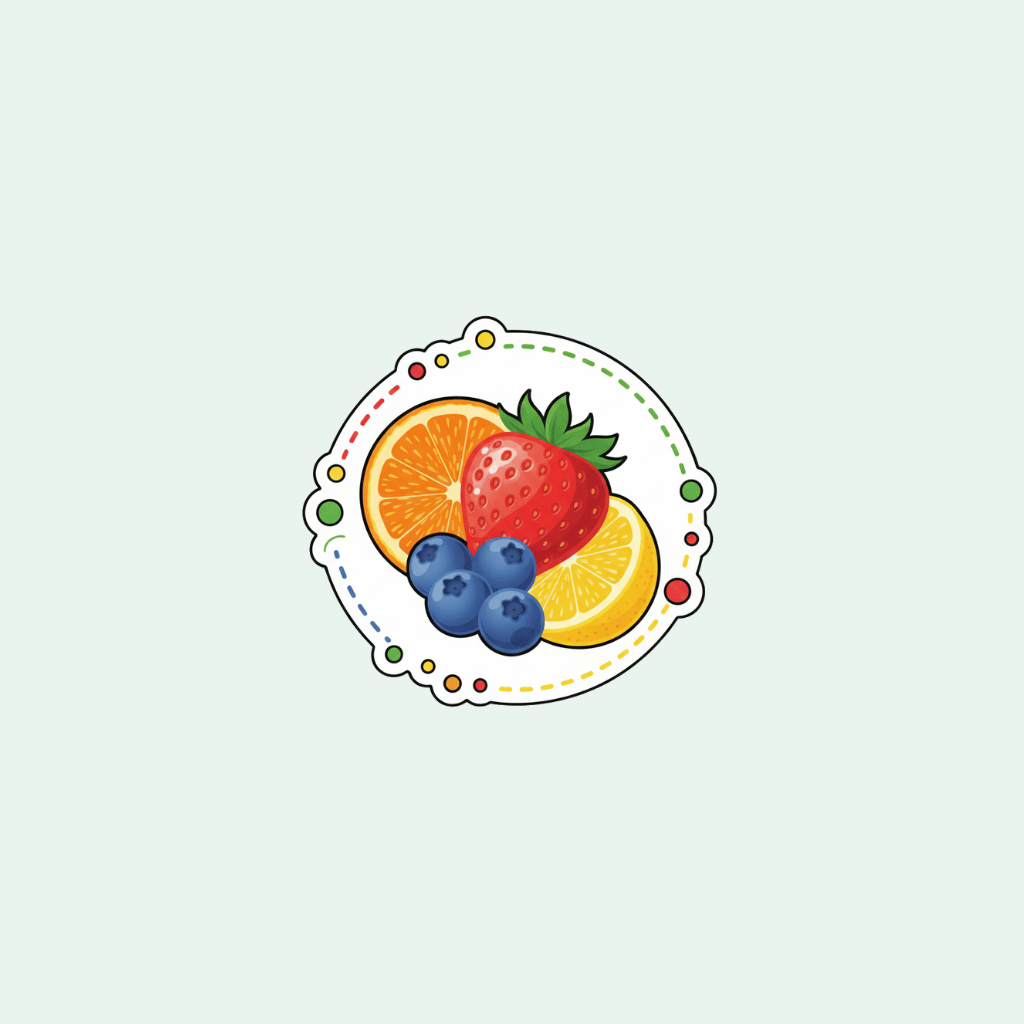Illustration of fruits on a decorative plate with a light gray background