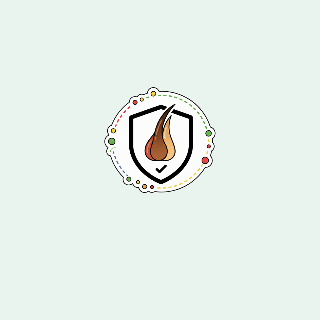 Logo with a shield and a stylized hair follicle on a light green background