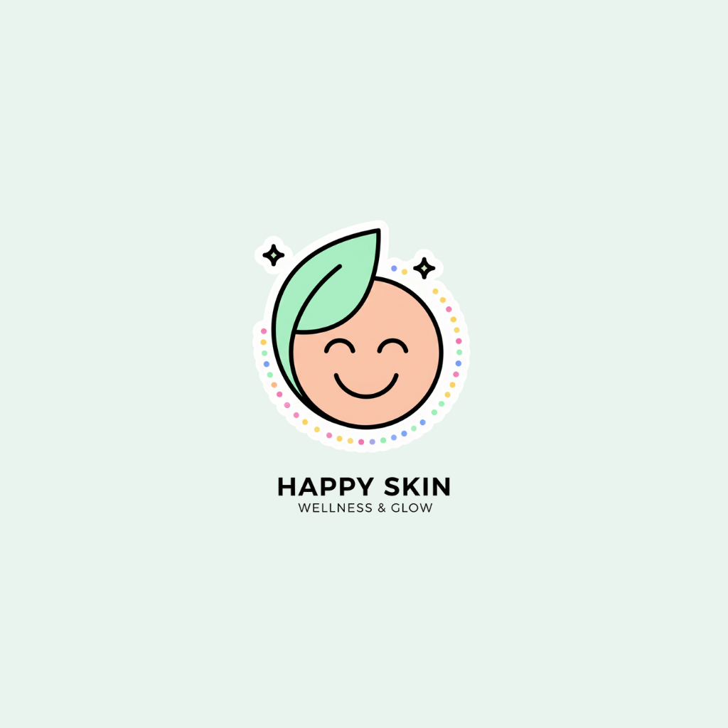 Logo for 'Happy Skin' with a smiling peach and leaf on a light green background