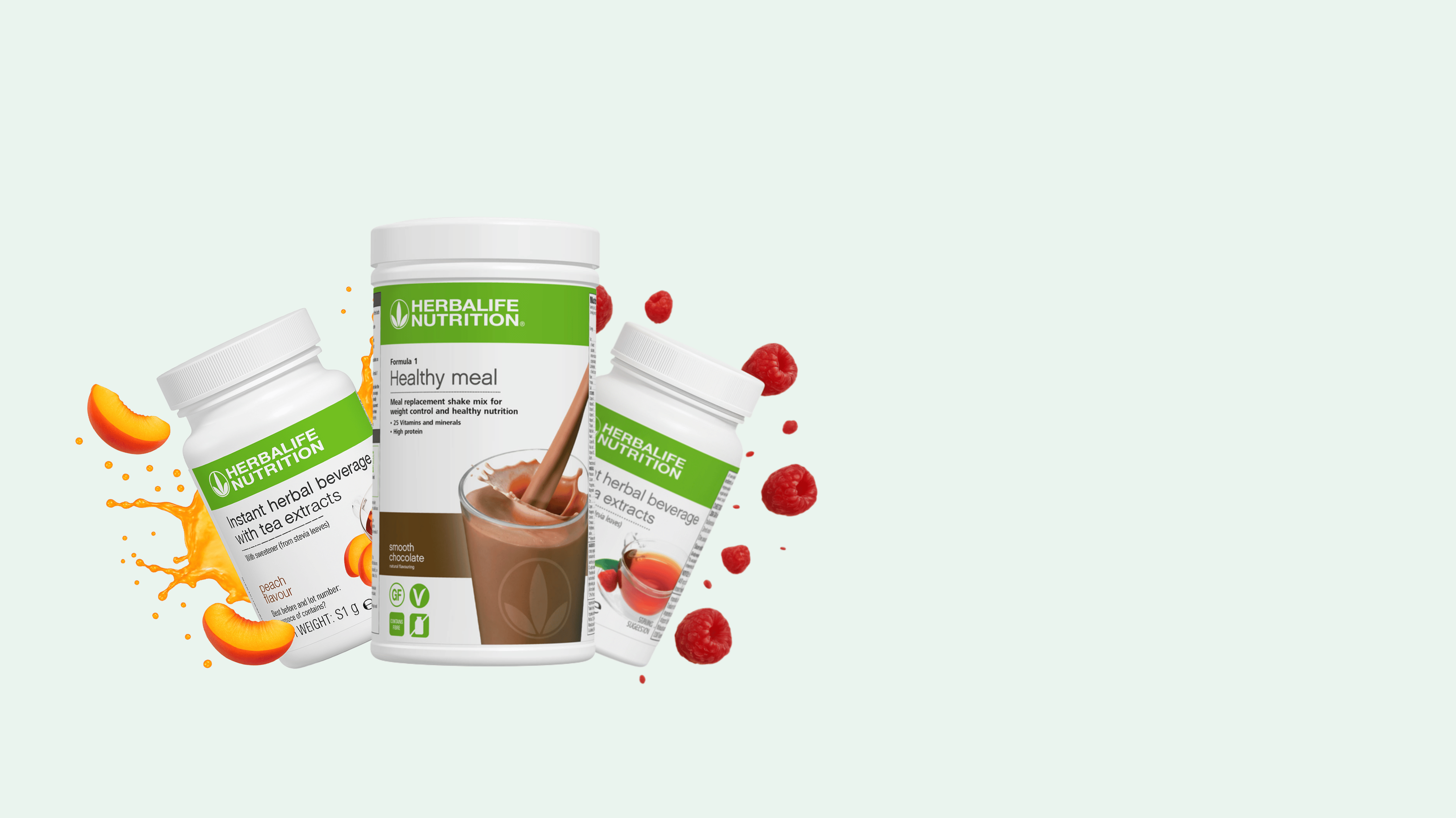 Herbalife products on a white background with fruit graphics