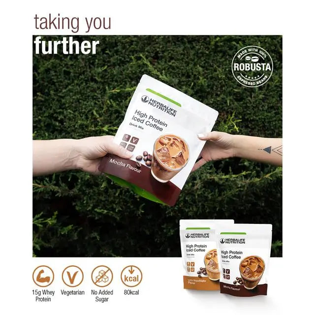 Two hands exchanging a package of Herbalife Nutrition High Protein Iced Coffee with a green outdoor background.