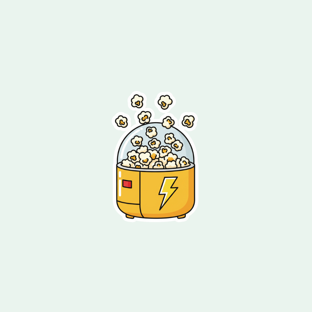 Illustration of a yellow popcorn maker with popping popcorn on a light gray background
