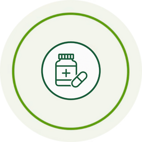 Icon of a pill bottle and capsule on a circular white background with green outline.
