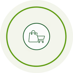 Icon of a shopping bag and cart on a white background with a green border
