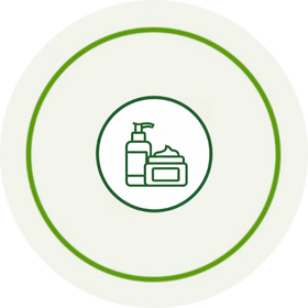 Circular icon with skincare products on a white background
