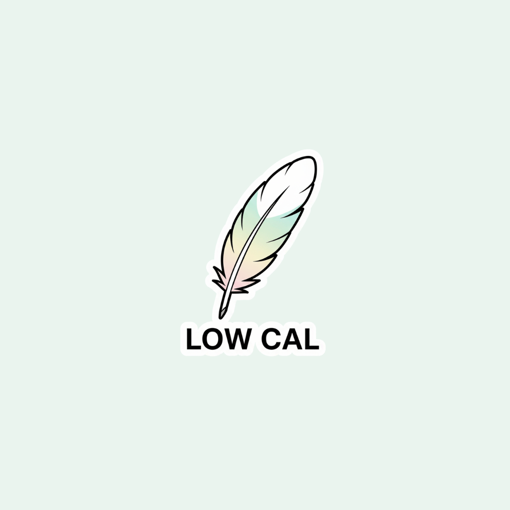 Feather icon with 'LOW CAL' text on a light gray background