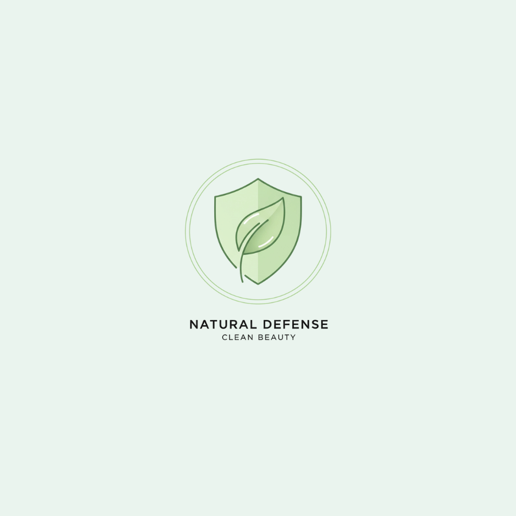 Logo for 'Natural Defense Clean Beauty' with a green leaf design on a light green background