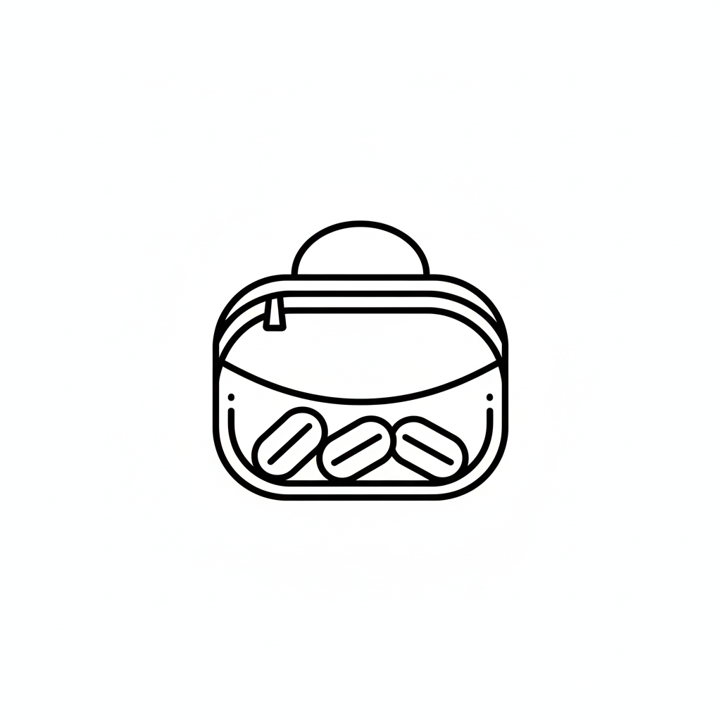 Line drawing of a pill container with three pills inside on a white background