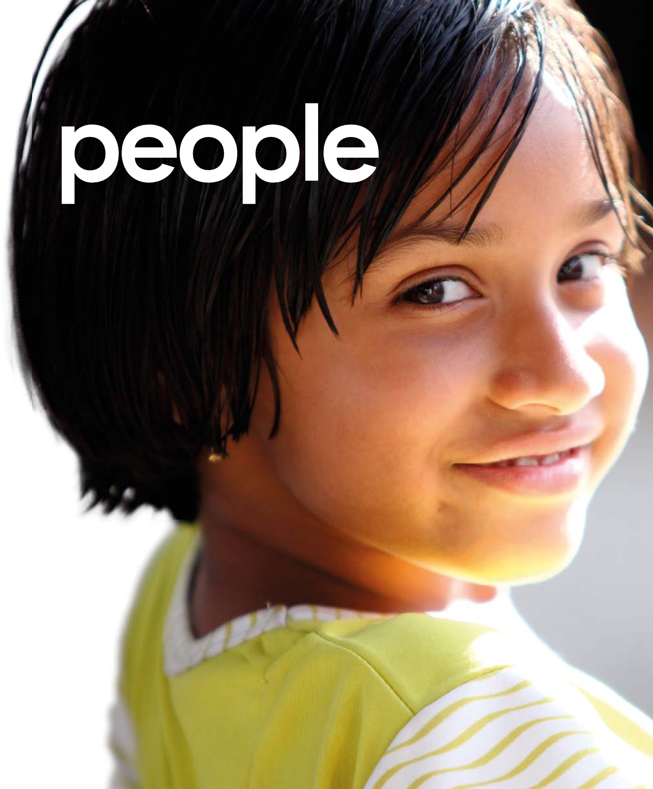Close-up of a young girl with a 'people' text overlay