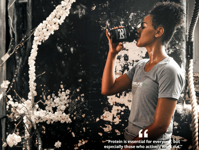 Person drinking from a protein shake with a quote about protein's importance.
