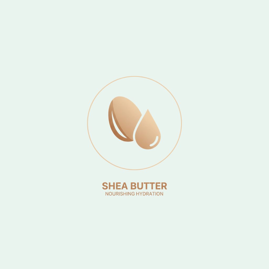 Shea butter logo with two shea nuts and a droplet on a light blue background.