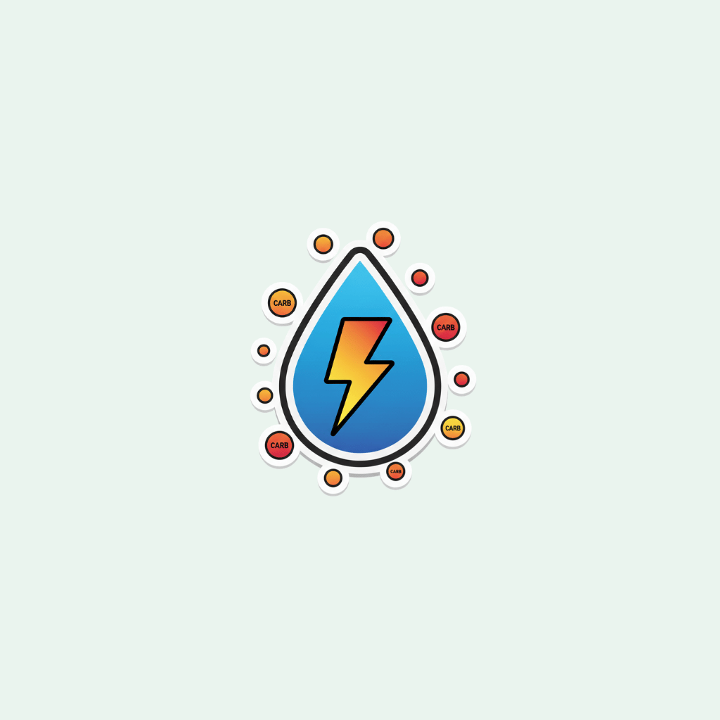 Sticker with a blue droplet shape containing a yellow and red lightning bolt on a light gray background.