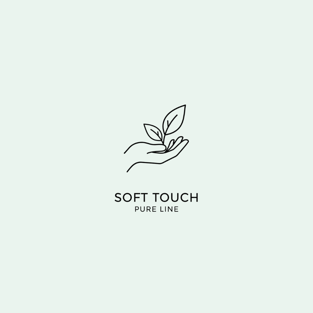 Logo of a hand holding leaves with 'Soft Touch Pure Line' text on a white background