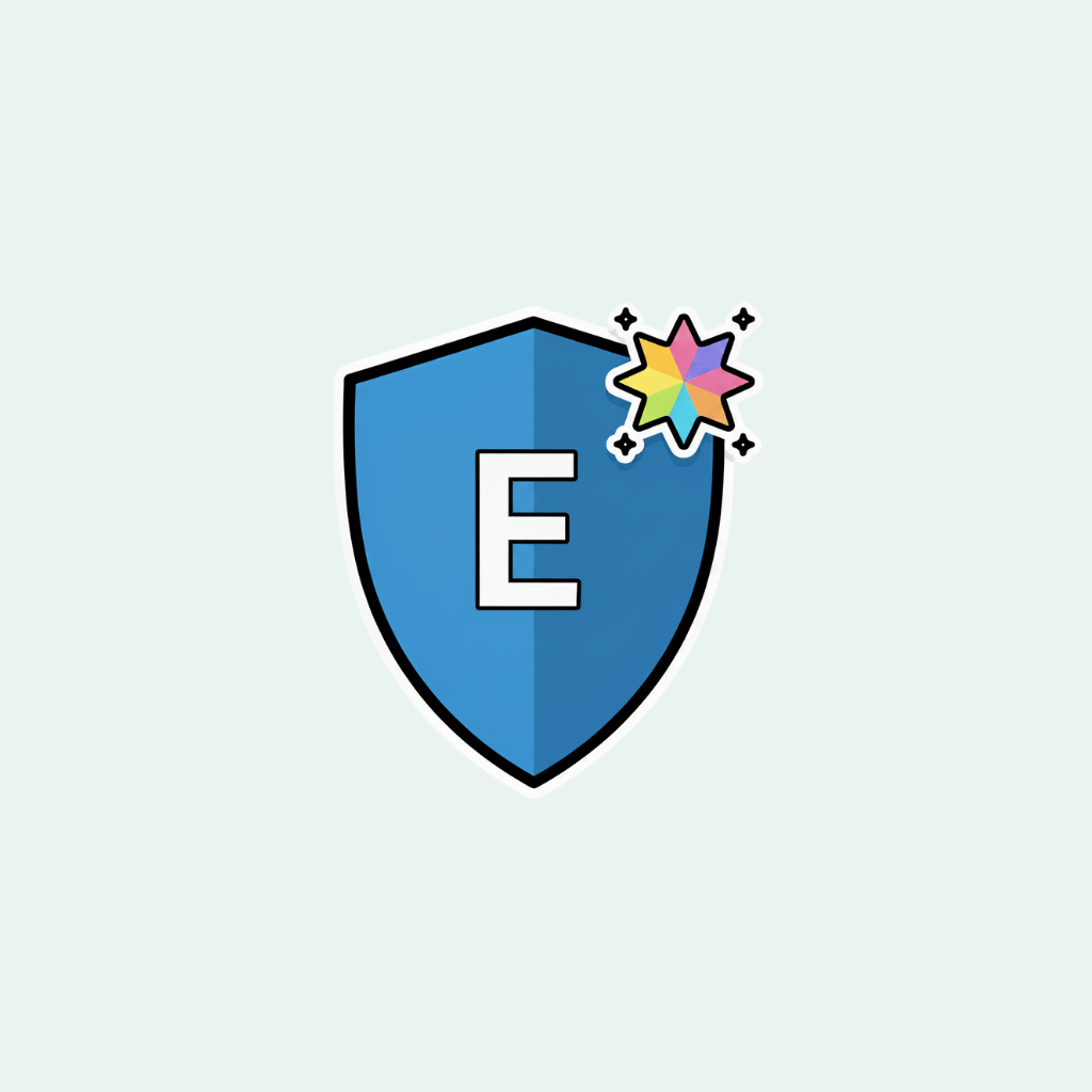 Blue shield icon with a white 'E' and a colorful starburst on a light gray background