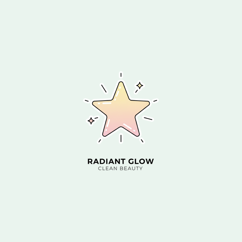 Star-shaped logo with 'Radiant Glow Clean Beauty' text on a light background