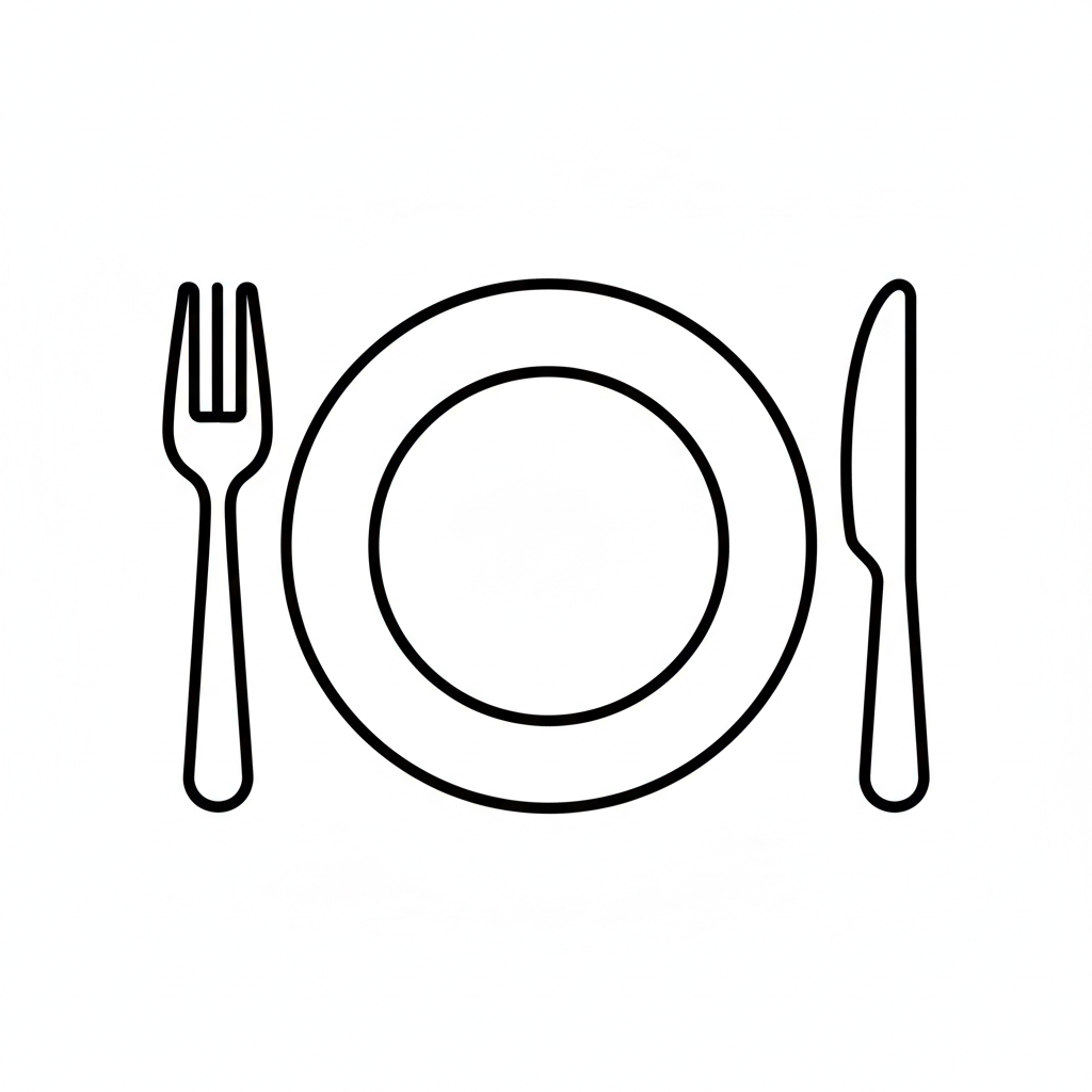 Black line drawing of a plate with fork and knife on a white background