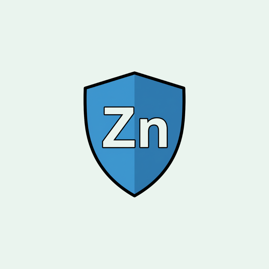 Blue shield logo with 'Zn' on a light gray background